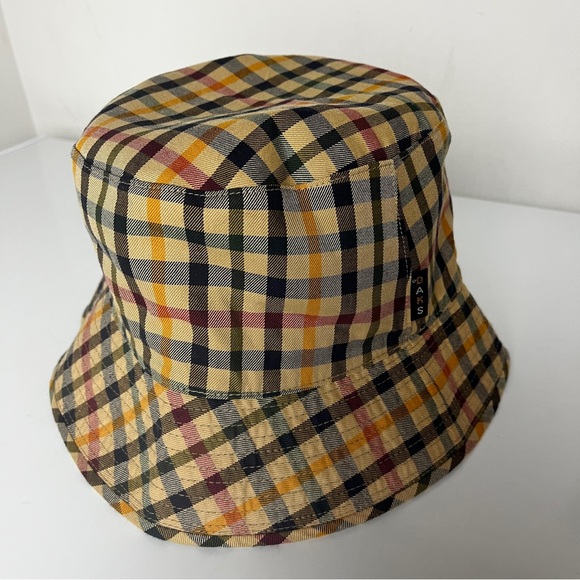 DAKS London Reversible Bucket Hat Navy Tan Check Plaid Classic Luxury - Picture 3 of 5